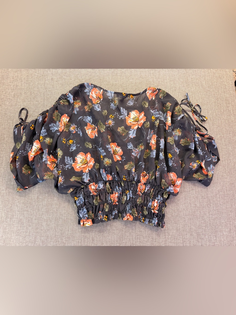 Forever 21 Black Floral Sheer chiffon Smocked Waist Blouse Blue Blooms Small